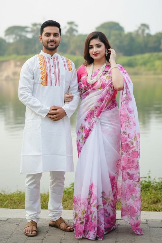 কাপল ড্রেস কালেকশন চান্দুরি সিল্ক শাড়ি ও ধুপিয়ান পাঞ্জাবি